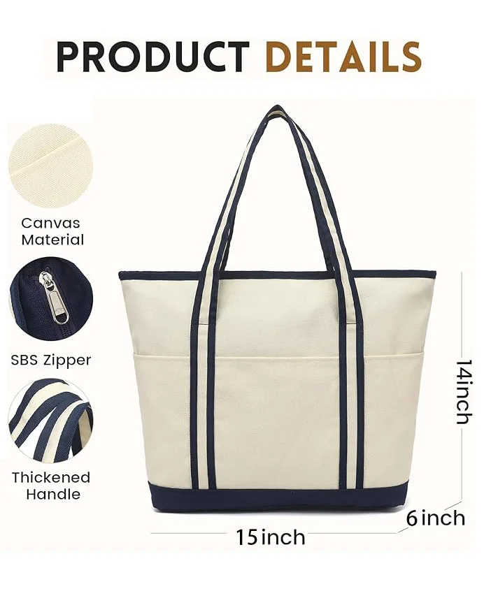 Reusable Cotton Large Utility Tote Bag with Zipper For Work - Image 3