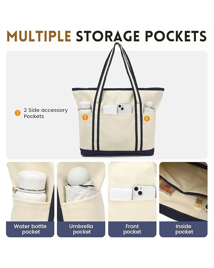 Reusable Cotton Large Utility Tote Bag with Zipper For Work - Image 4