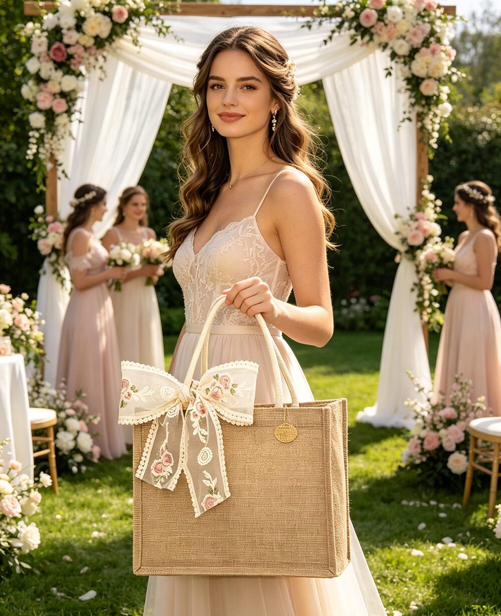 Alternative view of Wedding Jute Tote Bags with Ribbon for Guest Bridesmaid Gift