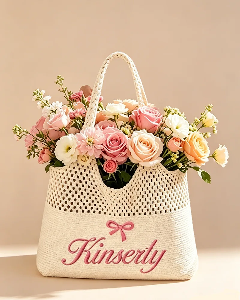 Personalized Name Embroidered Mesh Beach Bag for Women