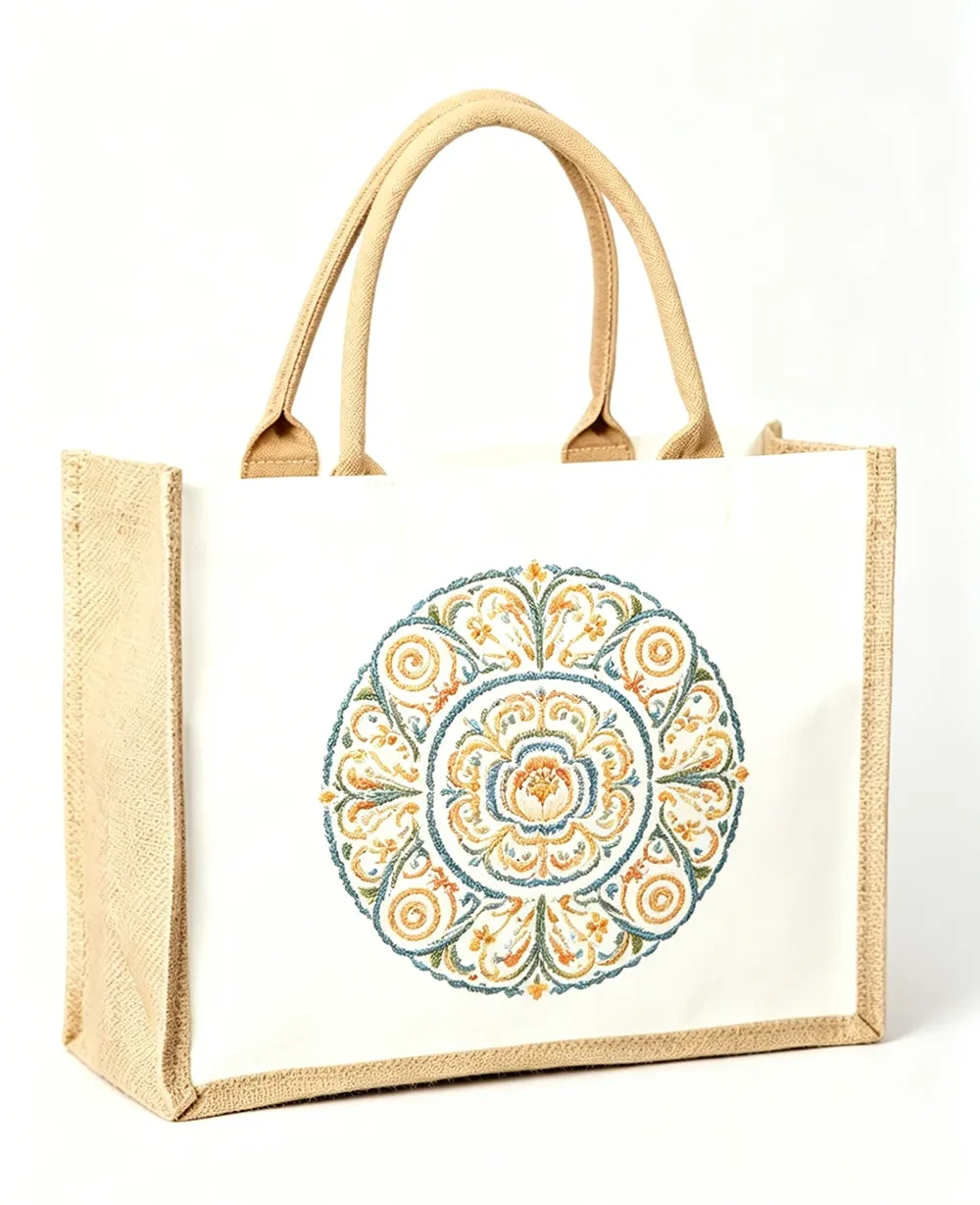 Alternative view of Natural Patchwork Burlap Canvas Tote Bags With Logo Print