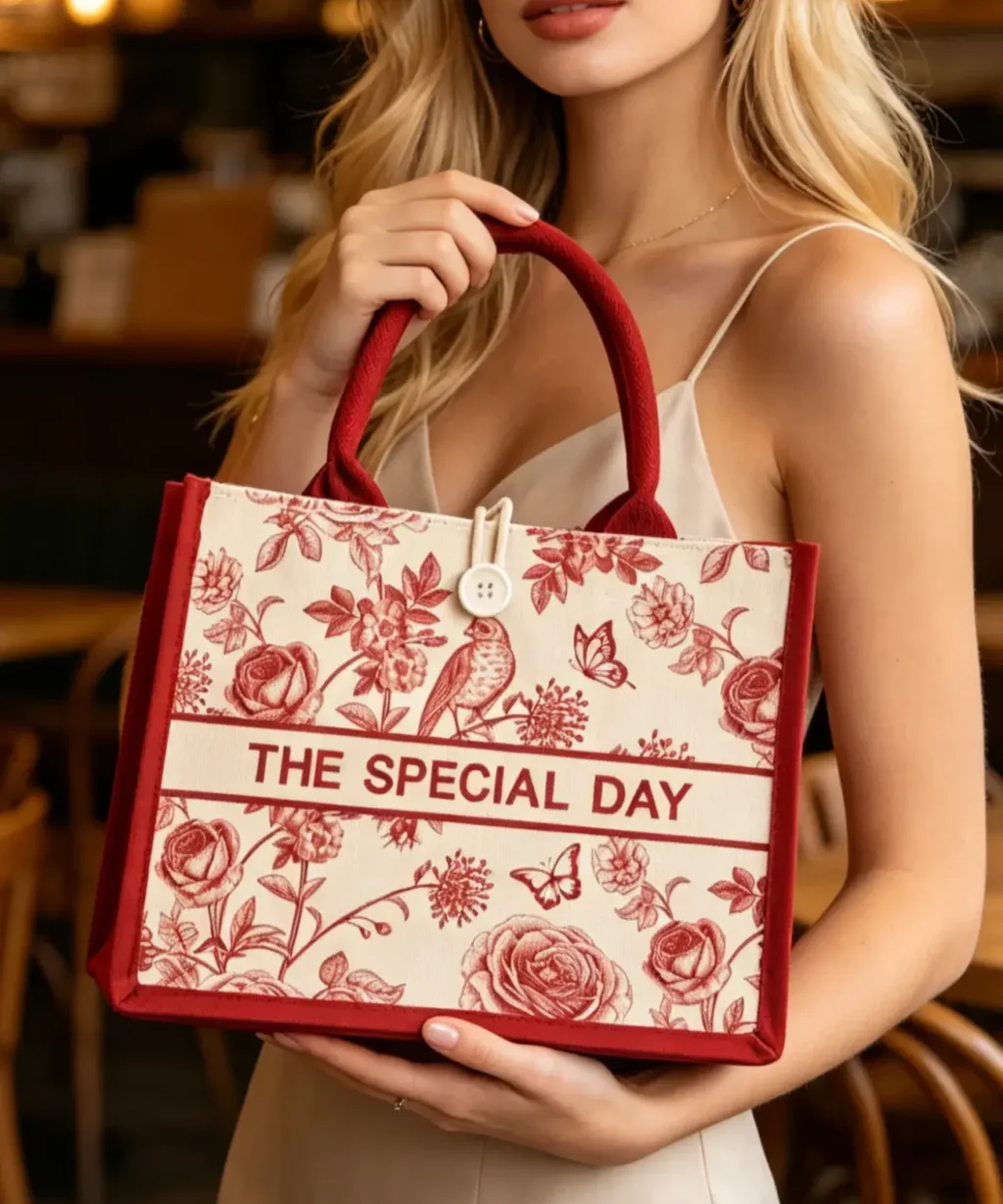 Premium Red Custom Embroidered Canvas Tote Bags​ with Button