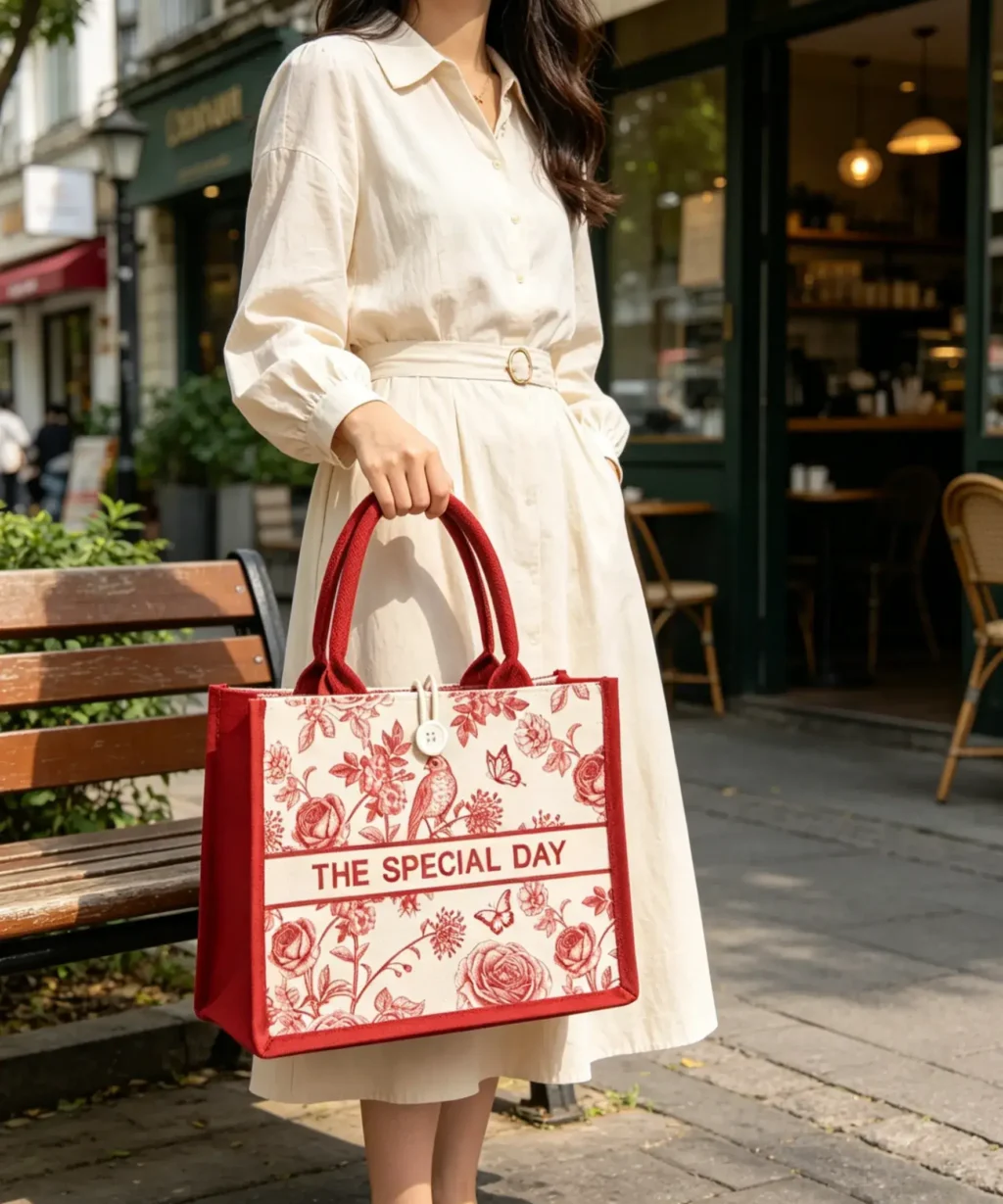 Premium Red Custom Embroidered Canvas Tote Bags​ with Button - Image 6