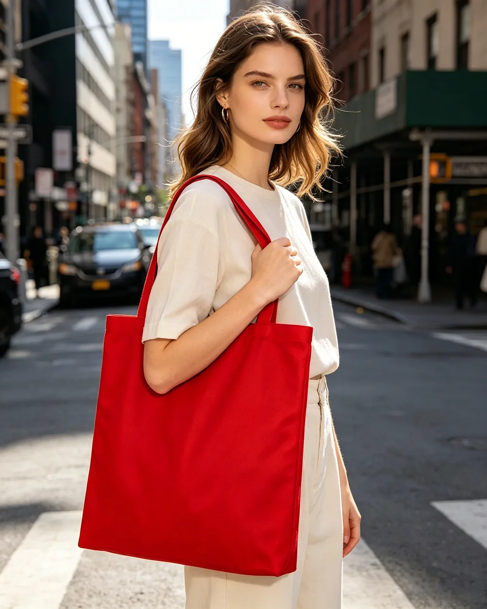 Red Customizable Blank Cotton Grocery Bag for DIY Printing - Image 2