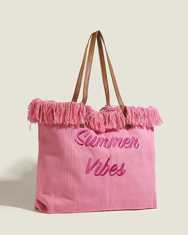 Pink Summer Vibes Embroidered Tassel Beach Tote Bags