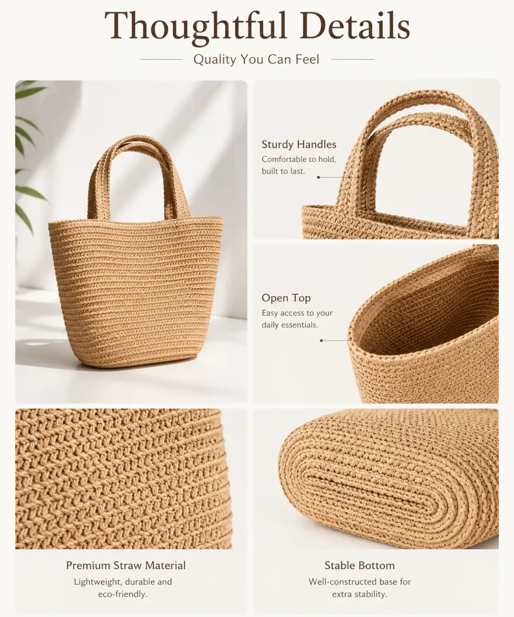 Cute Small Straw Tote Bags Handbag for Daily Use Beach Decoration