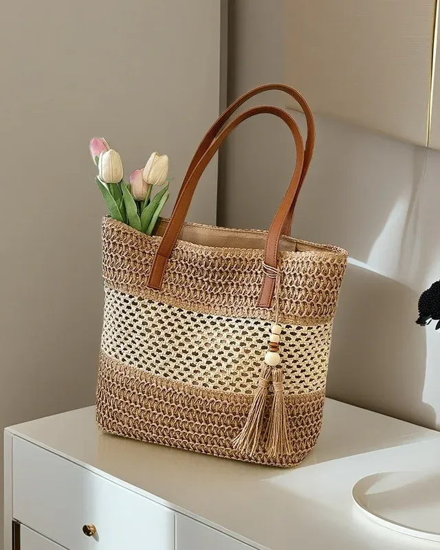 Delicate Zippered Hollow Straw Woven Tote Bag with Tassel Pendant Boho Style