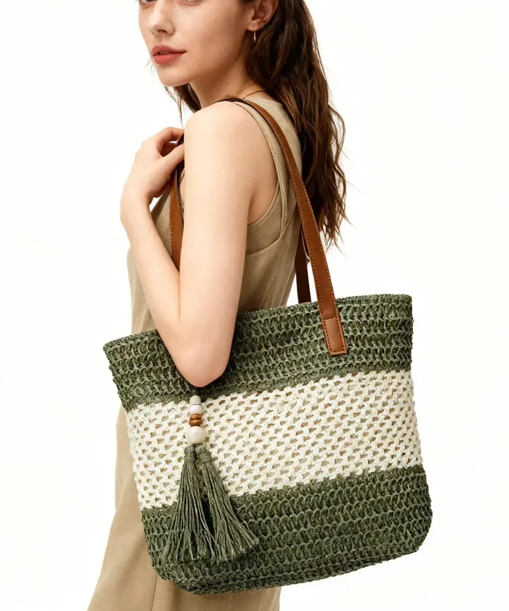 Delicate Zippered Hollow Straw Woven Tote Bag with Tassel Pendant Boho Style