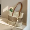 Delicate Zippered Hollow Straw Woven Tote Bag with Tassel Pendant Boho Style