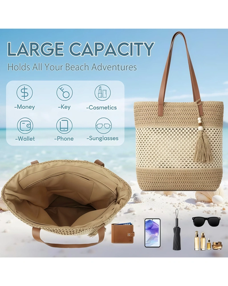 Delicate Zippered Hollow Straw Woven Tote Bag with Tassel Pendant Boho Style