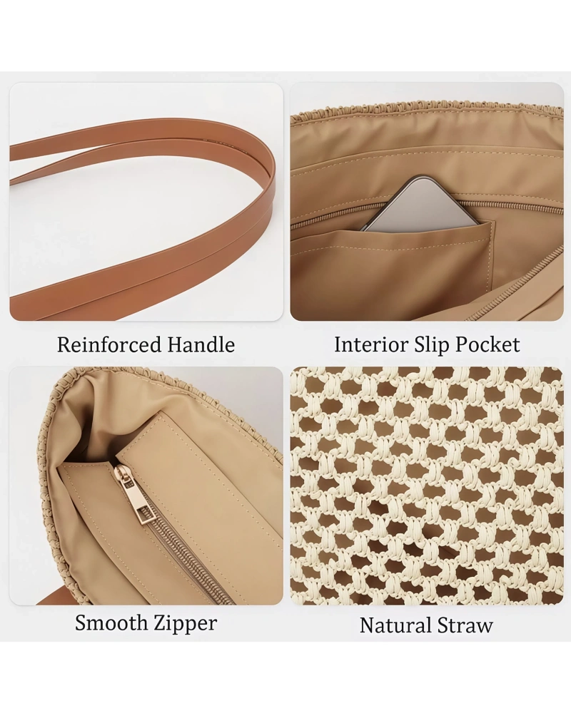 Delicate Zippered Hollow Straw Woven Tote Bag with Tassel Pendant Boho Style