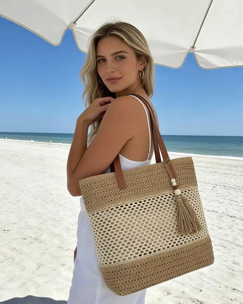 Delicate Zippered Hollow Straw Woven Tote Bag with Tassel Pendant Boho Style