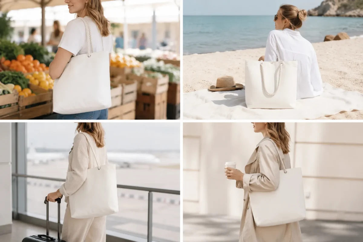Durable Vertical Blank Canvas Tote Bag with Rope Handles Daily Shopping Use