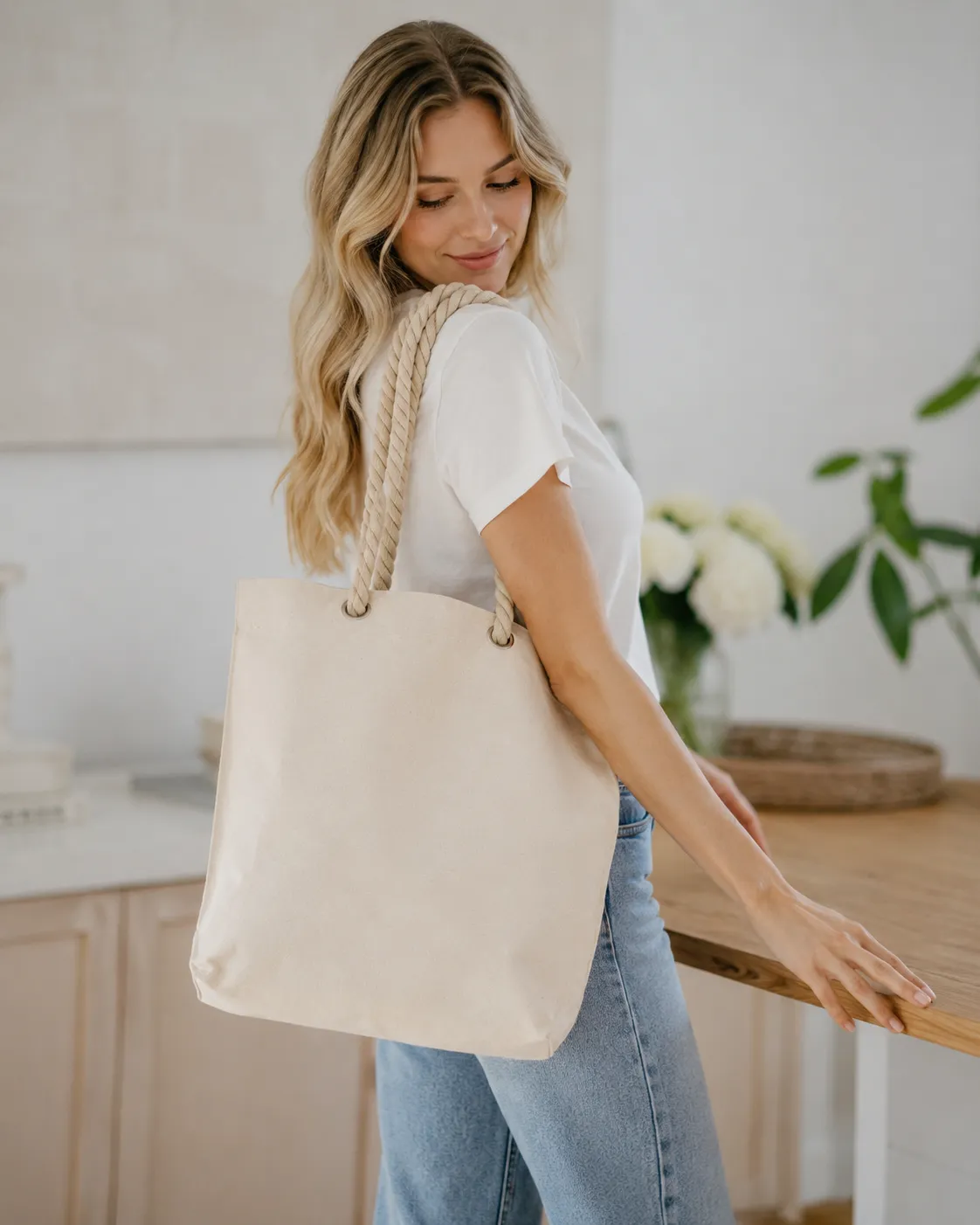 Durable Vertical Blank Canvas Tote Bag with Rope Handles Daily Shopping Use