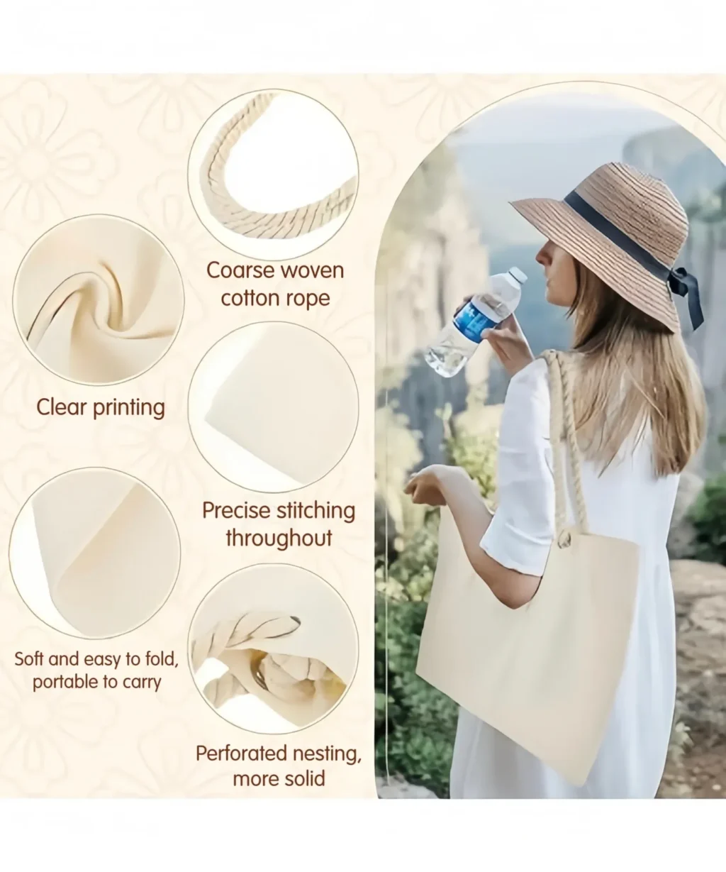 Durable Vertical Blank Canvas Tote Bag with Rope Handles Daily Shopping Use
