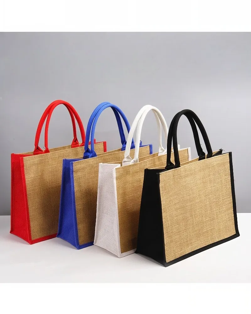 Eco-Friendly Color Contrast Canvas Jute Patchwork Burlap Jute Beach Bag
