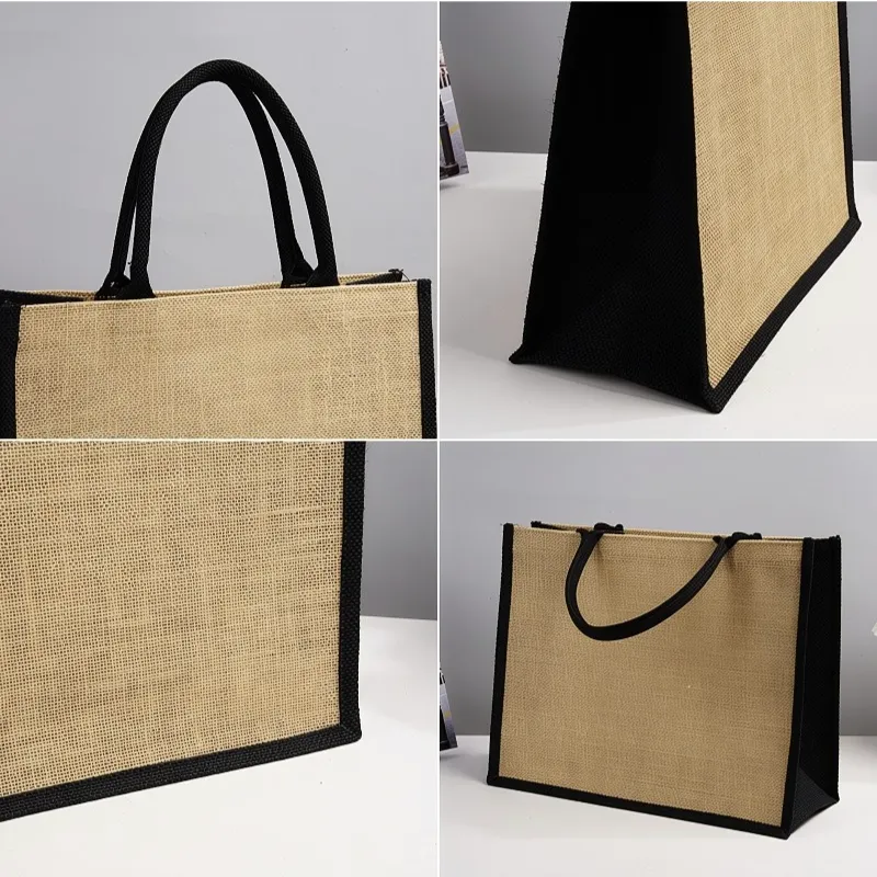 Eco-Friendly Color Contrast Canvas Jute Patchwork Burlap Jute Beach Bag