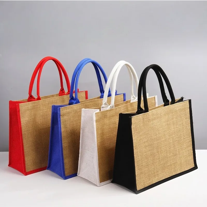 Eco-Friendly Color Contrast Canvas Jute Patchwork Burlap Jute Beach Bag