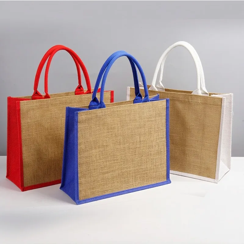 Eco-Friendly Color Contrast Canvas Jute Patchwork Burlap Jute Beach Bag