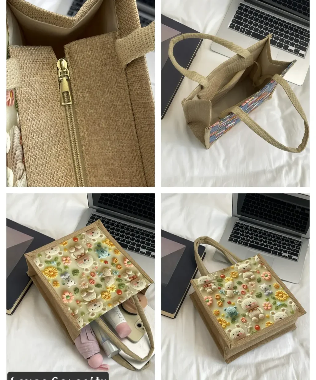 Elegant Embroidered Tote Linen Bag with Zipper for Women Daily Use