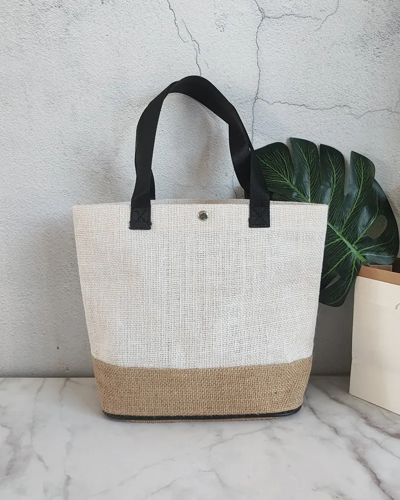 Elegant Two-Tone Burlap Beach Jute Bag with Magnetic Snap Closure for Women