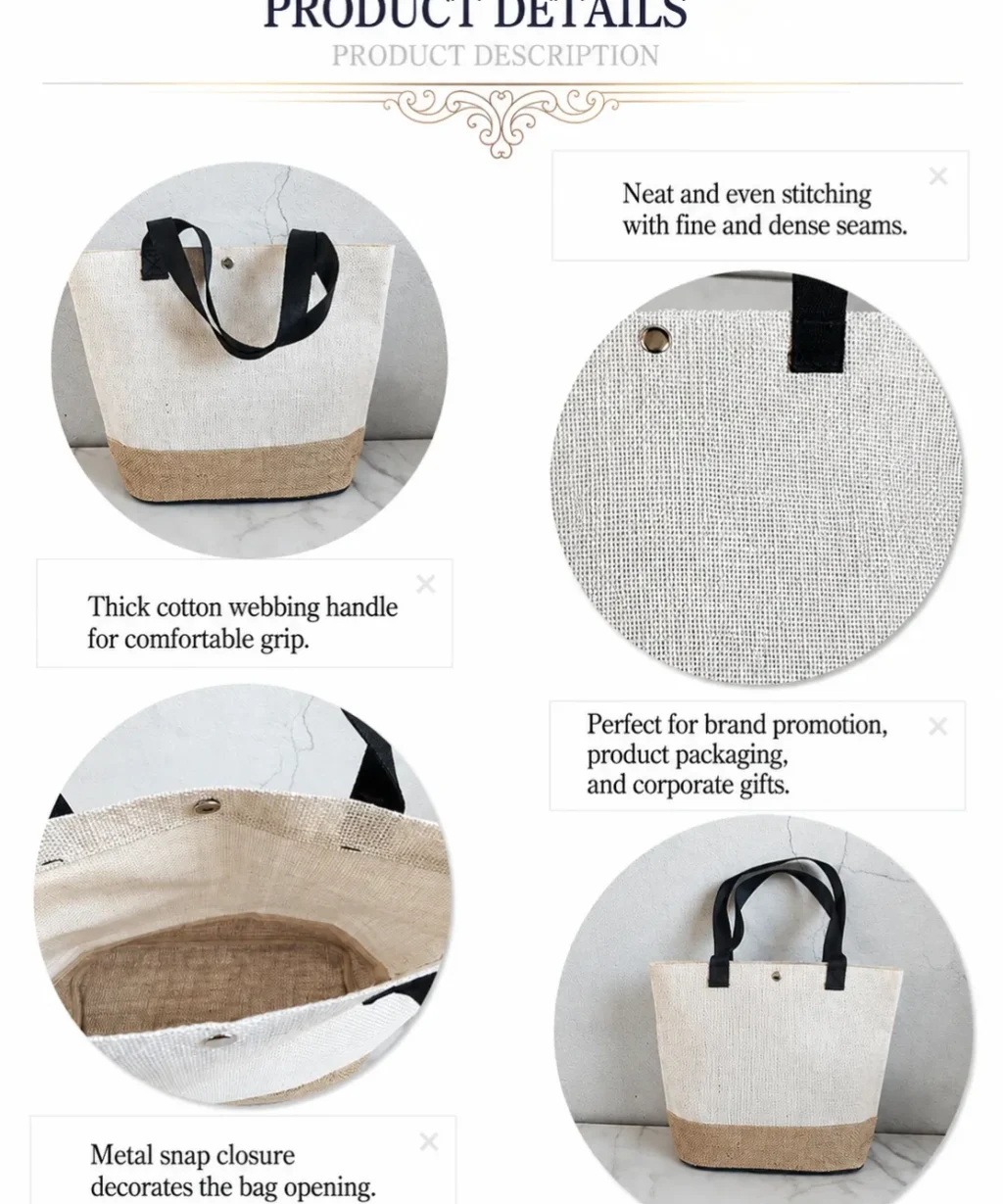 Elegant Two-Tone Burlap Beach Jute Bag with Magnetic Snap Closure for Women
