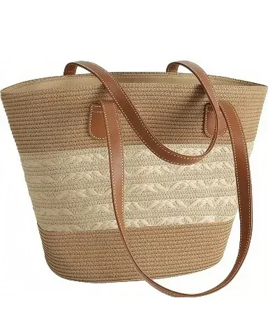 Five-Strand Straw Beach Tote Shoulder Bag for Women