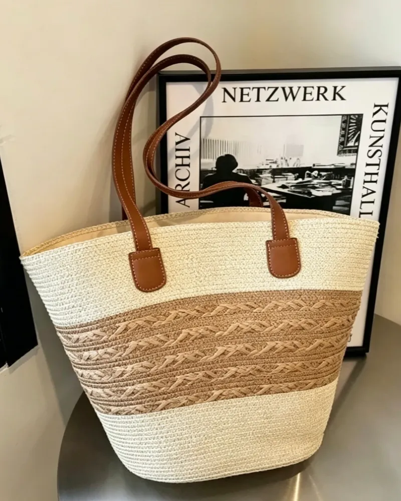 Five-Strand Straw Beach Tote Shoulder Bag for Women