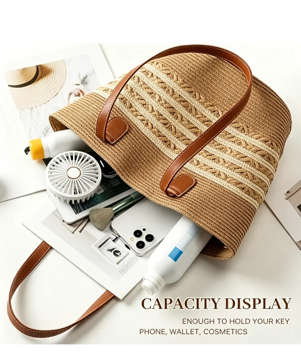Five-Strand Straw Beach Tote Shoulder Bag for Women