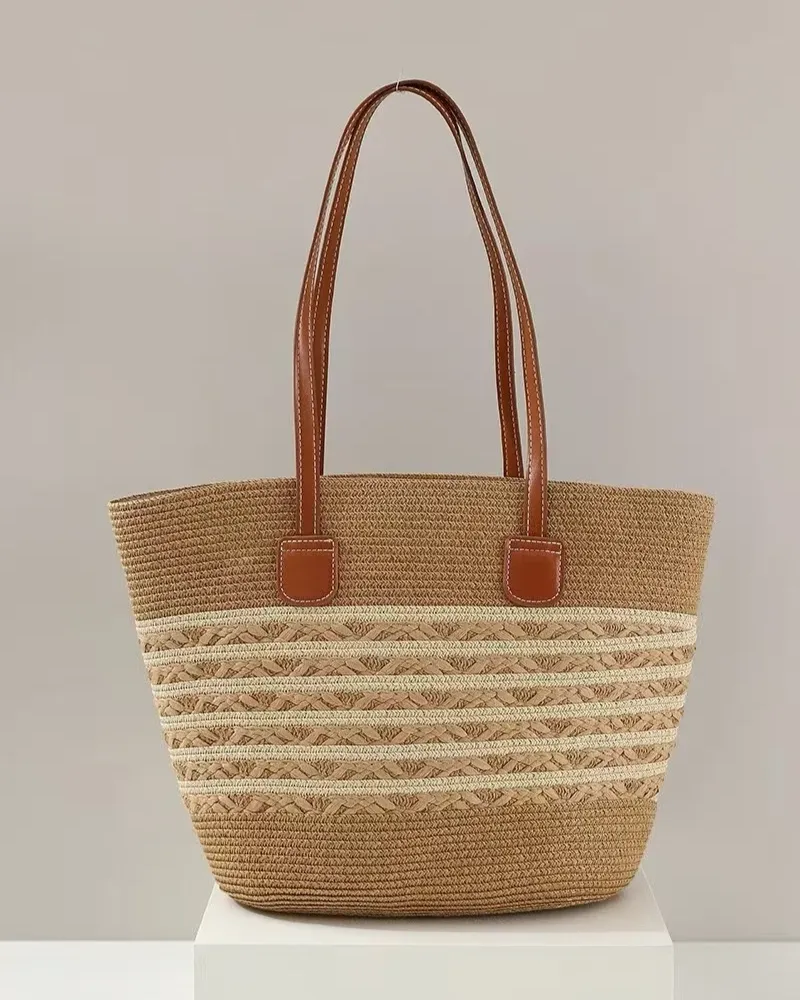 Five-Strand Straw Beach Tote Shoulder Bag for Women
