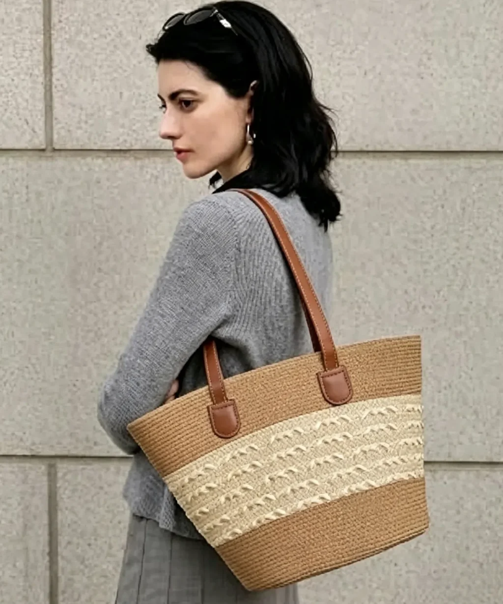 Five-Strand Straw Beach Tote Shoulder Bag for Women