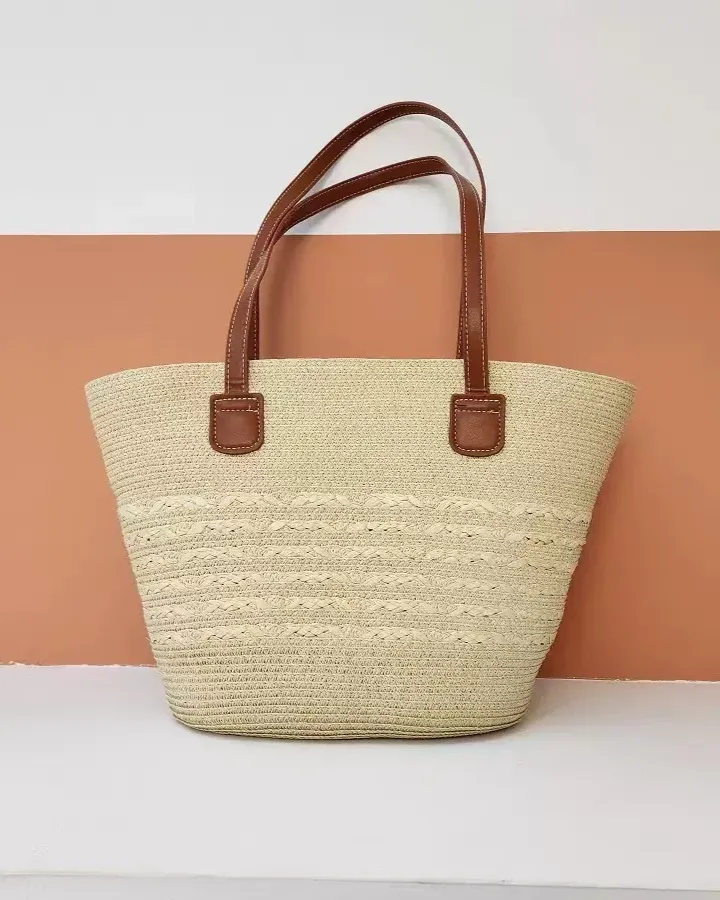 Five-Strand Straw Beach Tote Shoulder Bag for Women