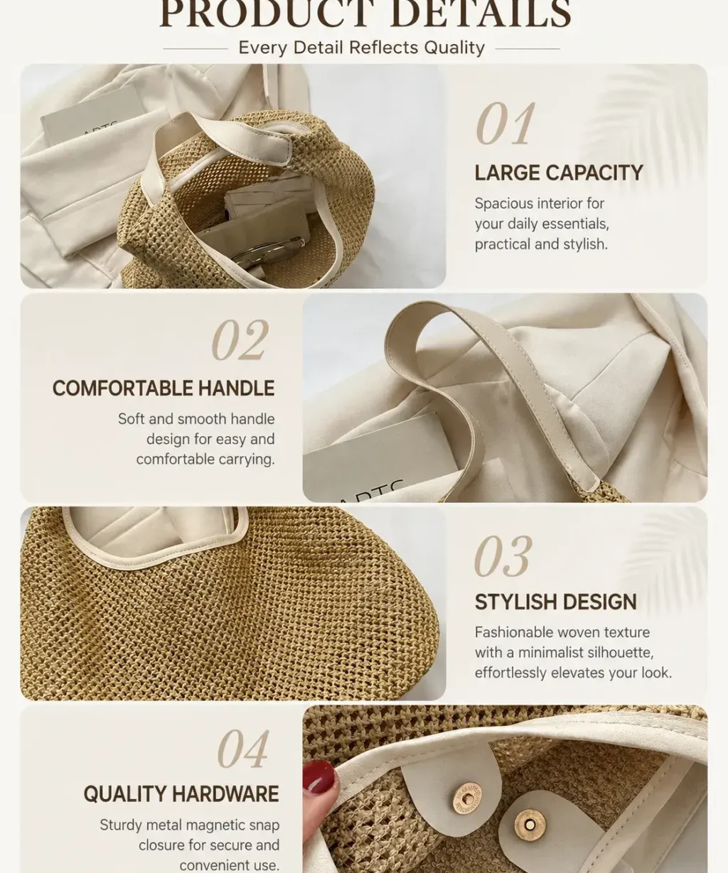 Large-Capacity Wide Strap Crochet Straw Shoulder Bag with Magnetic Closure Beach Tote - Image 4