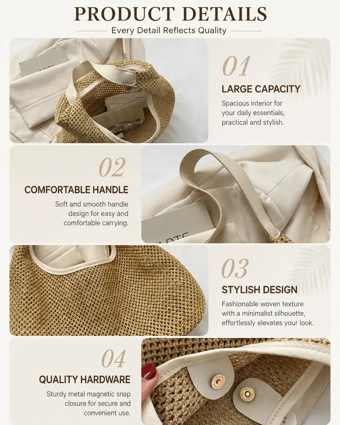 Large-Capacity Wide Strap Crochet Straw Shoulder Bag with Magnetic Closure Beach Tote - Image 4