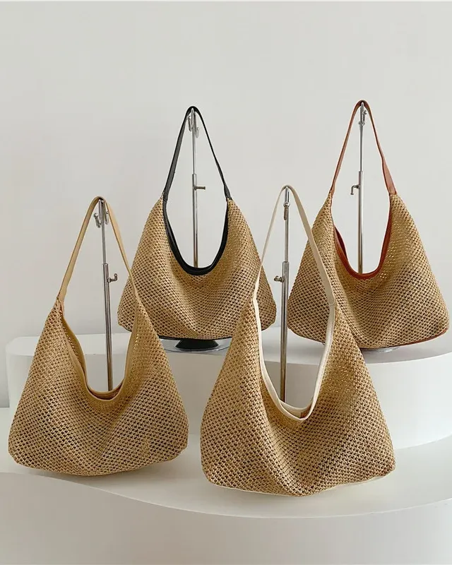 Large-Capacity Wide Strap Crochet Straw Shoulder Bag with Magnetic Closure Beach Tote