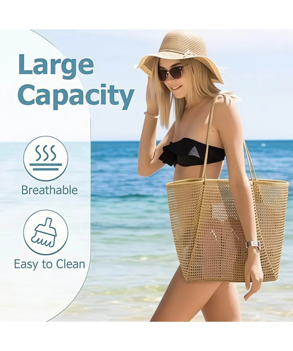 Large Foldable Nylon Mesh Tote Bags for Summer Beach Vacation