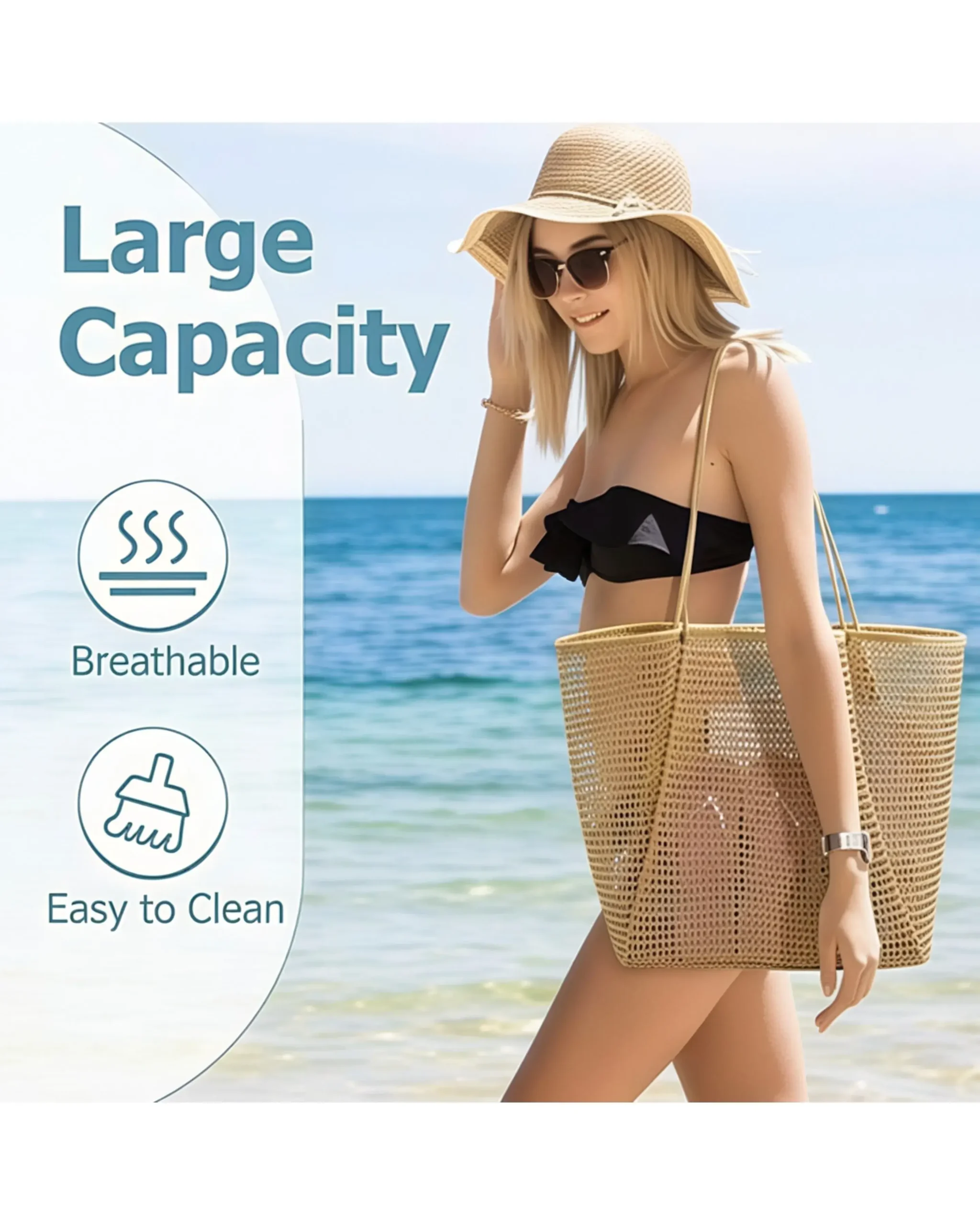 Large Foldable Nylon Mesh Tote Bags for Summer Beach Vacation