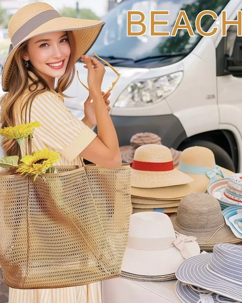 Large Foldable Nylon Mesh Tote Bags for Summer Beach Vacation