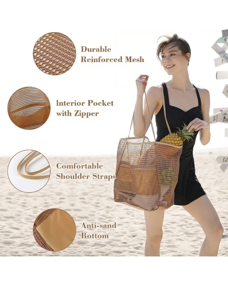 Large Foldable Nylon Mesh Tote Bags for Summer Beach Vacation