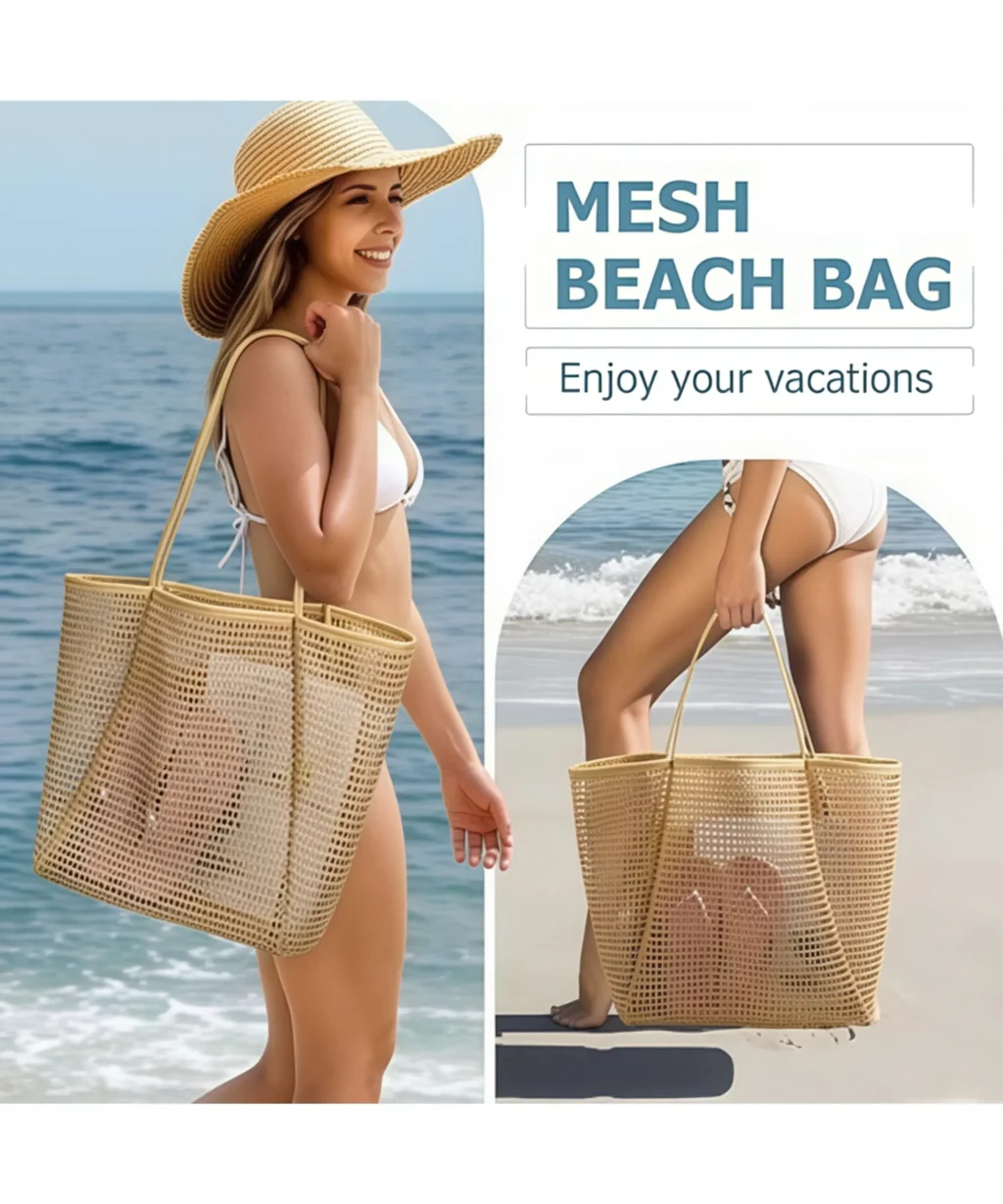 Large Foldable Nylon Mesh Tote Bags for Summer Beach Vacation