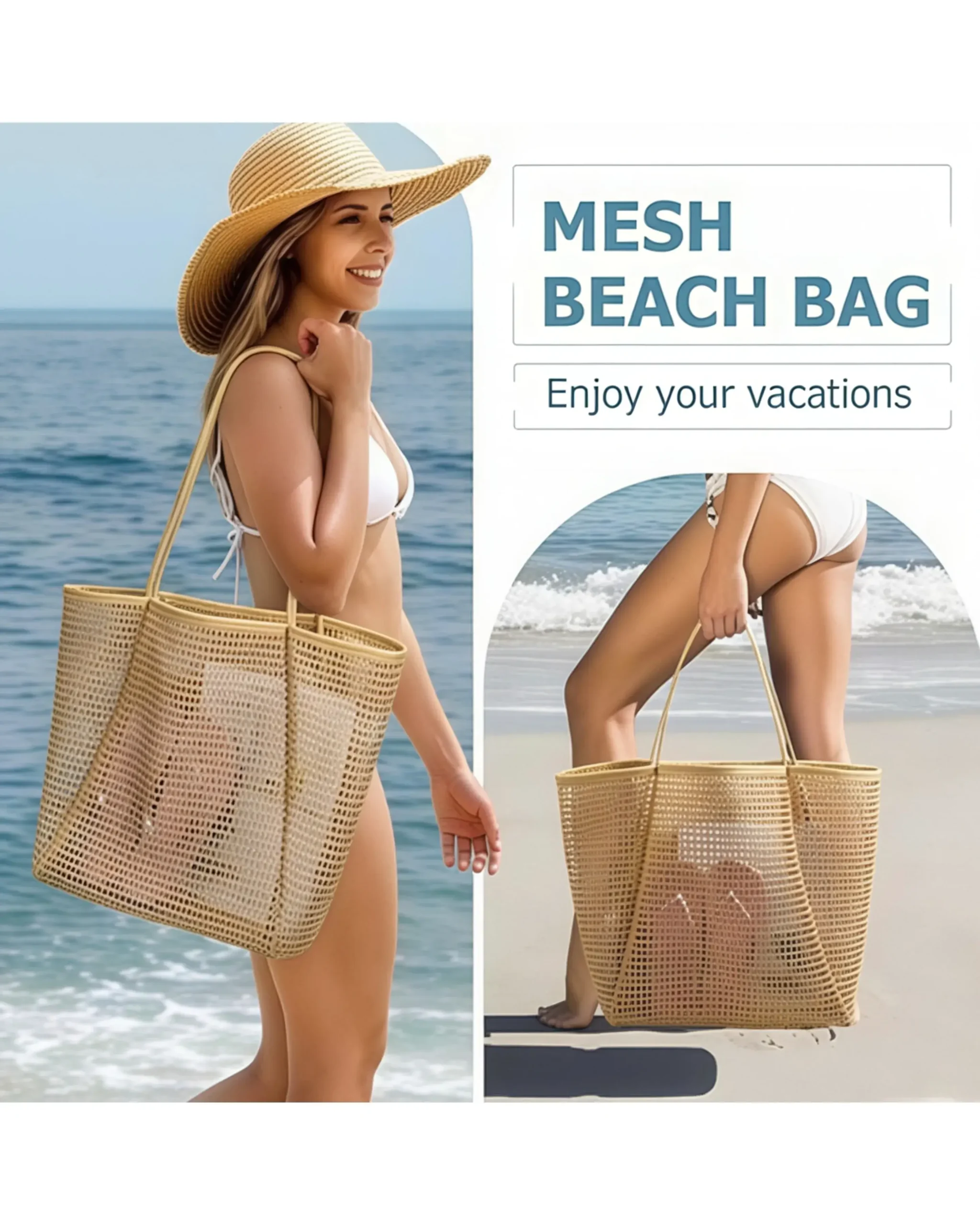 Large Foldable Nylon Mesh Tote Bags for Summer Beach Vacation