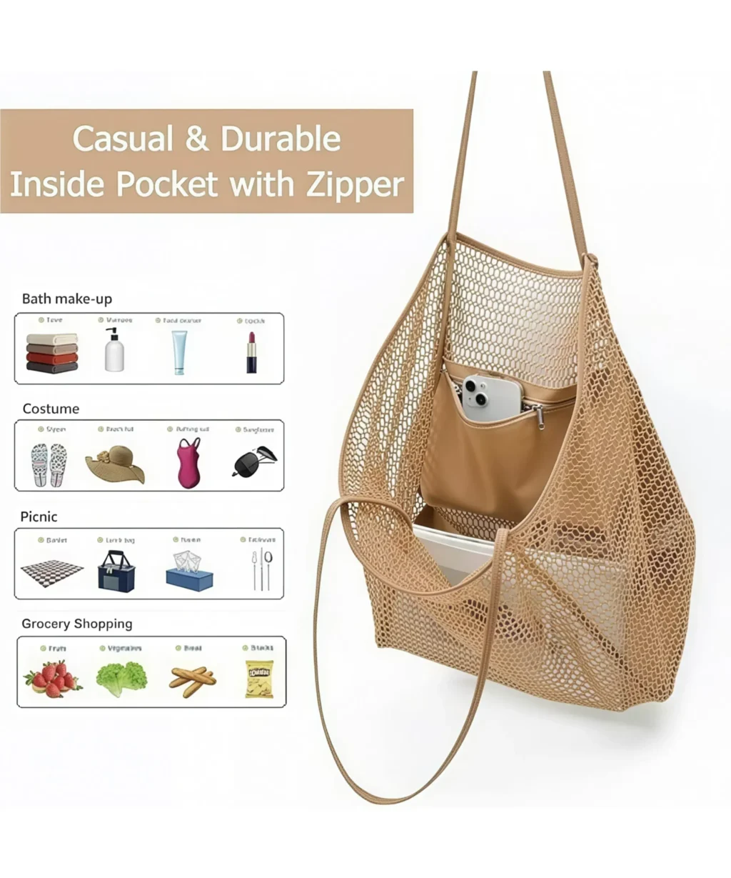 Large Foldable Nylon Mesh Tote Bags for Summer Beach Vacation