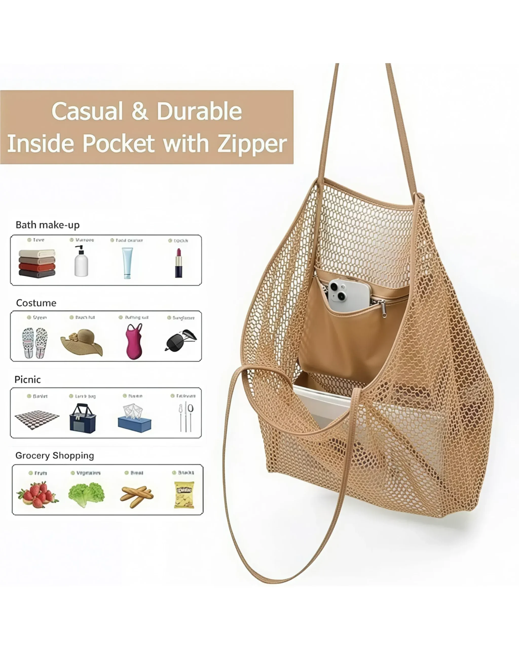 Large Foldable Nylon Mesh Tote Bags for Summer Beach Vacation