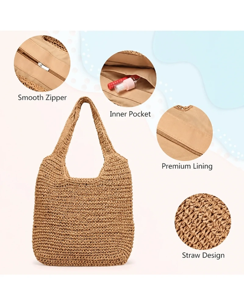 Minimalist Large-Capacity Beach Boho Straw Tote Bag with Zipper for Vacation Everyday Use