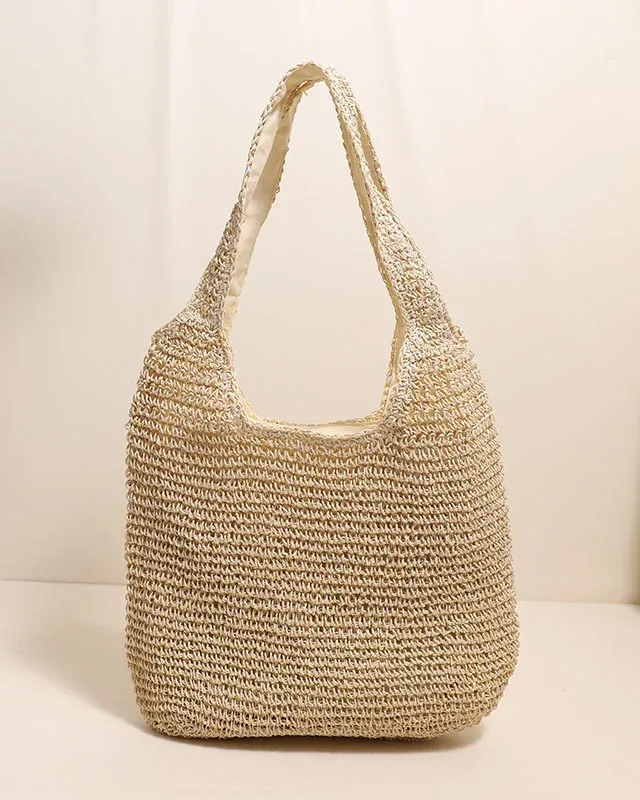 Minimalist Large-Capacity Beach Boho Straw Tote Bag with Zipper for Vacation Everyday Use