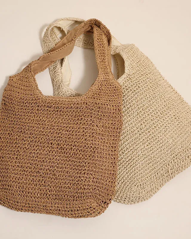 Minimalist Large-Capacity Beach Boho Straw Tote Bag with Zipper for Vacation Everyday Use