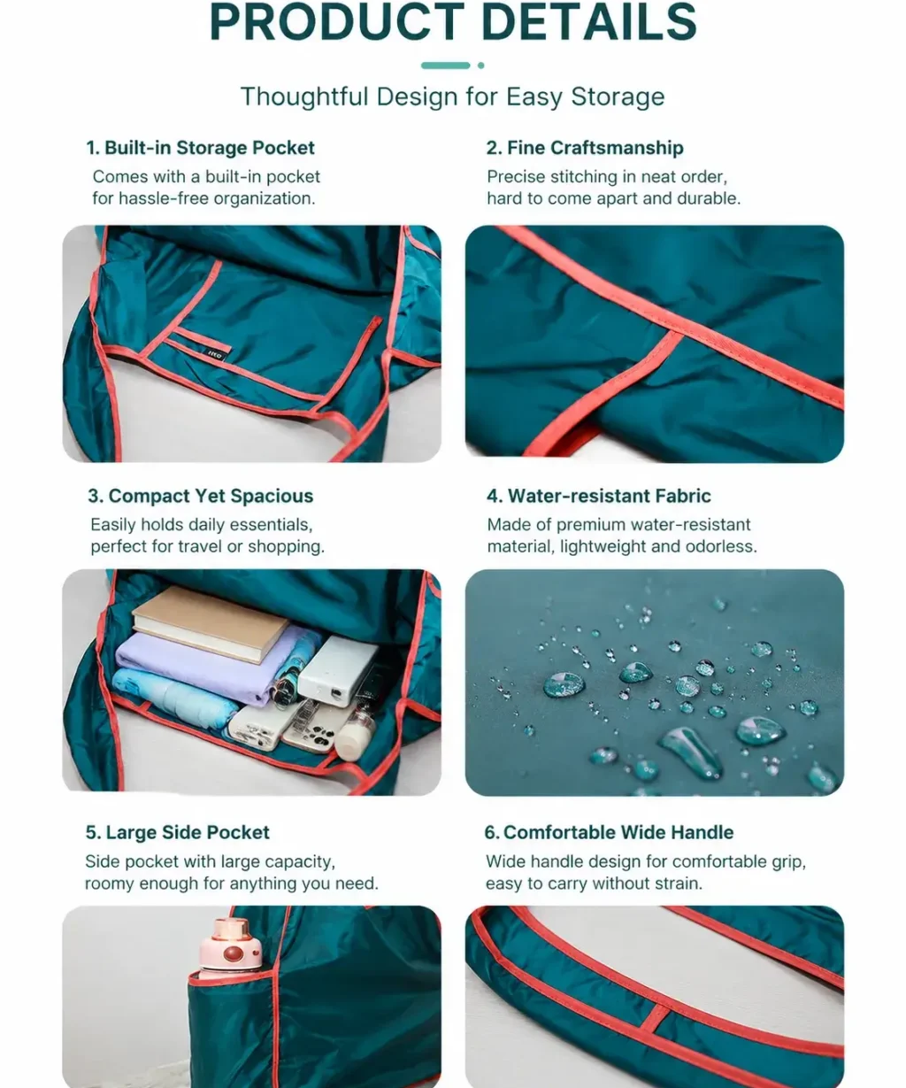 Packable Large Capacity Waterproof Polyester Tote Bags for Travel with Side Pockets