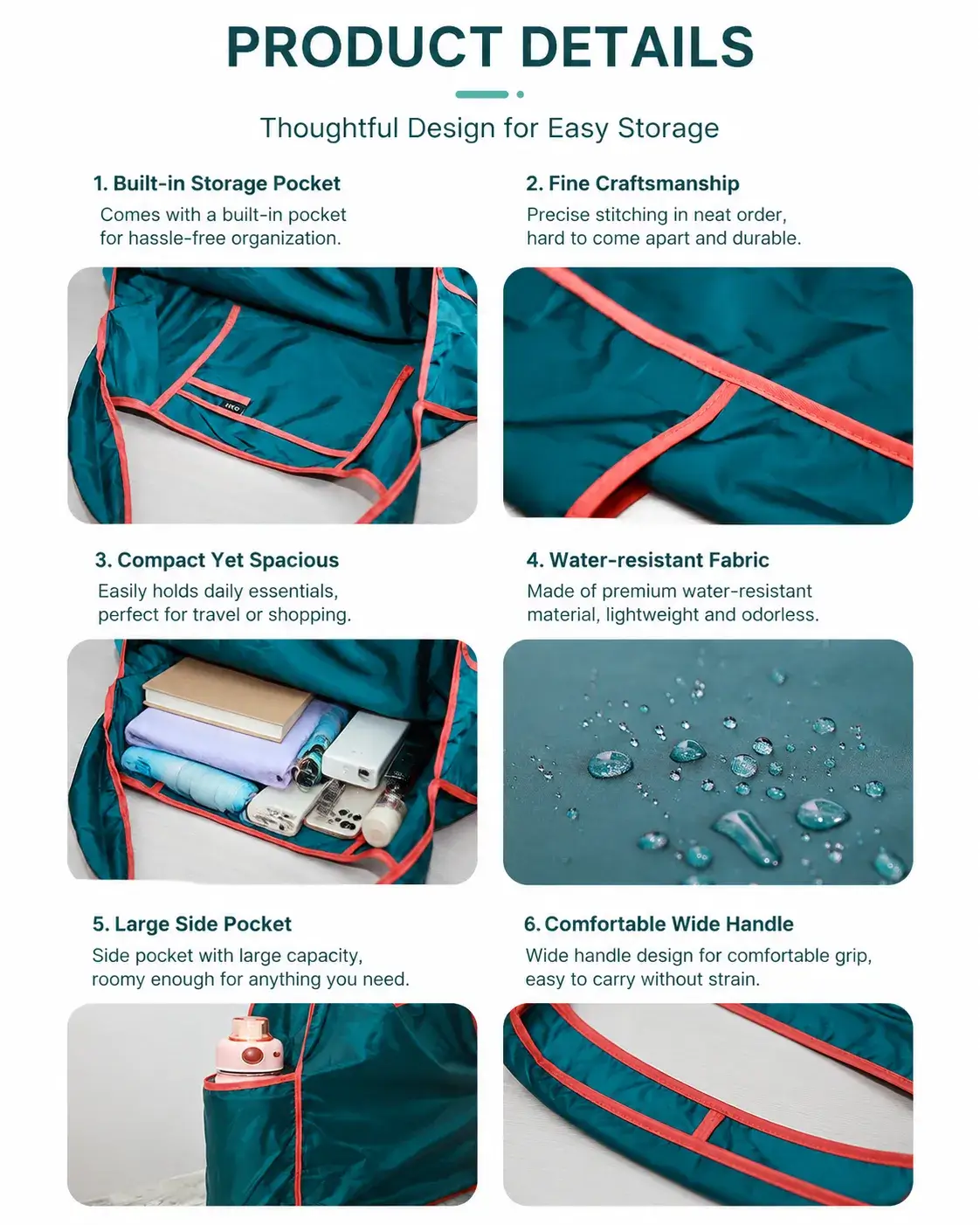 Packable Large Capacity Waterproof Polyester Tote Bags for Travel with Side Pockets