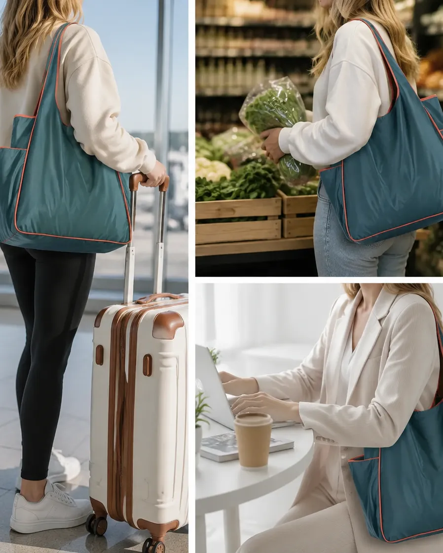 Packable Large Capacity Waterproof Polyester Tote Bags for Travel with Side Pockets