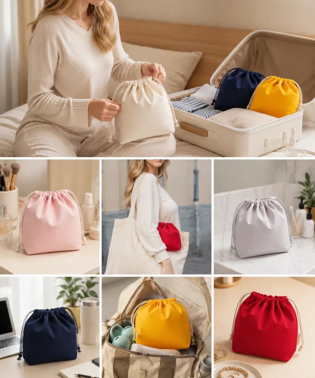 Portable Solid Color Custom Drawstring Storage Tote Bag for Essentials Crystals Cosmetics